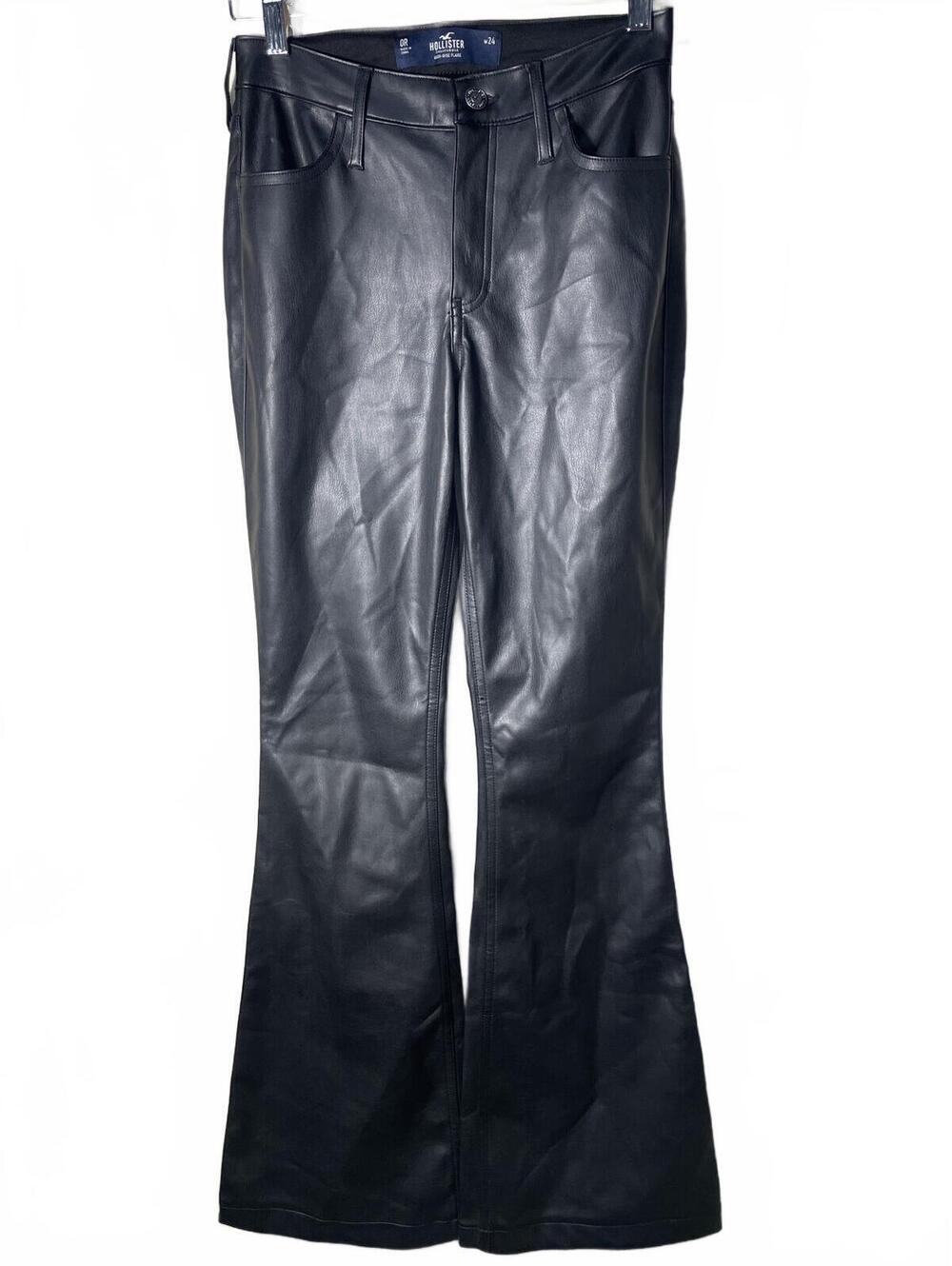 Hollister High Rise Flare Faux Leather Pants Womens Size 0 Black Sleek Bikercore